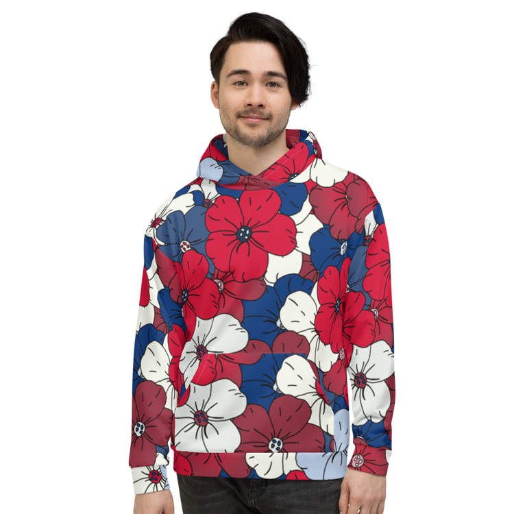 Mens Floral Red, Blue and white Hoodie