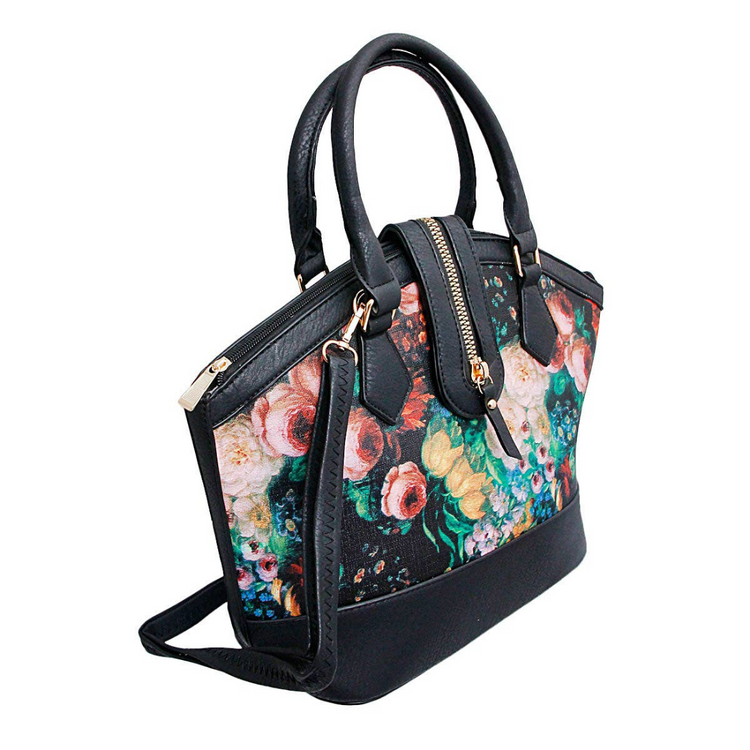 Flower print faux leather  zipper handbag