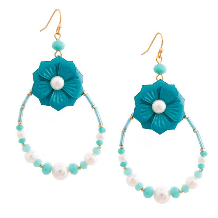 Aqua flower earrings with pearl and bead details