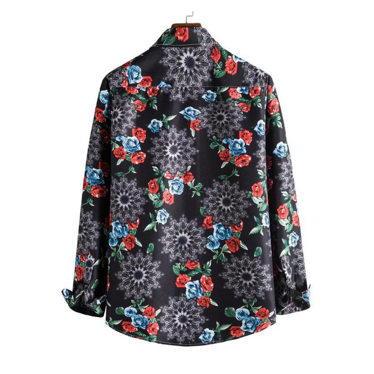 Floral Print Button Up Sleeve Shirts Black