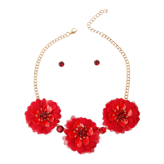 Fabric Flower necklace set /Red