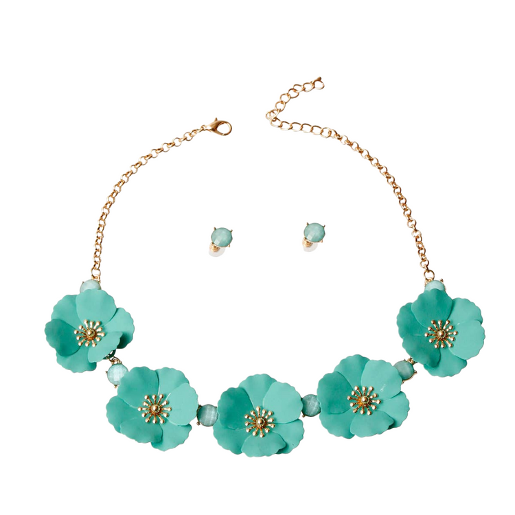 Mint matte metal flower necklace set