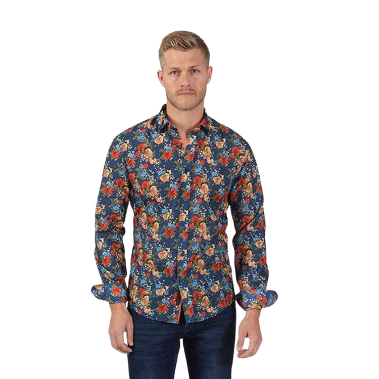 Blue Floral Print Button Up Sleeve Shirts