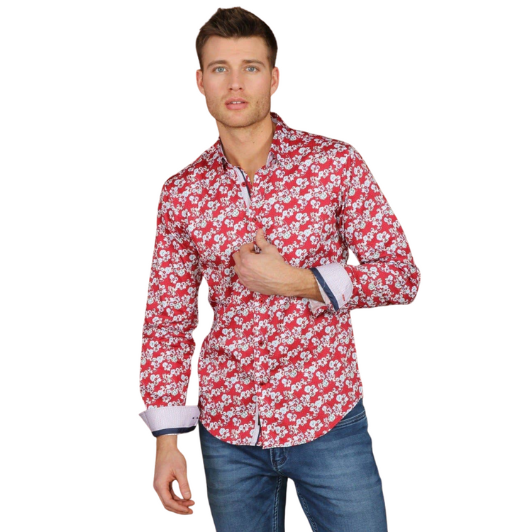 Red And White Floral Shirt With Trim