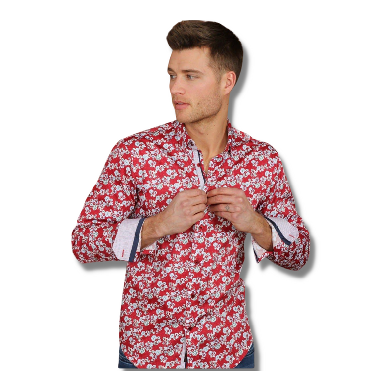 Red And White Floral Shirt With Trim