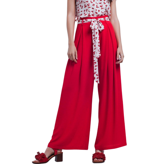 Red palazzo pant with floral belt