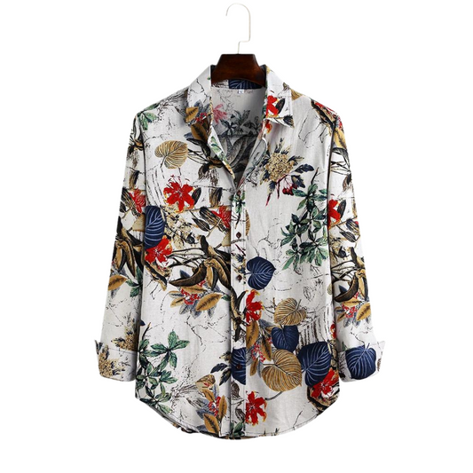 men's floral button up shirts long sleeve Flax Leaves Floral Printed