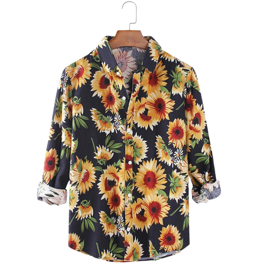 Cotton Sunflower Print Button Up Long Sleeve shirt
