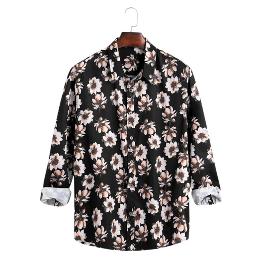 White Floral Pattern Printed Long Sleeve Casual Shirt