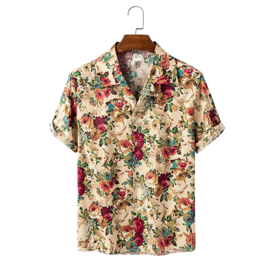 Yellow Floral Print Button Up Short Sleeve Shirts